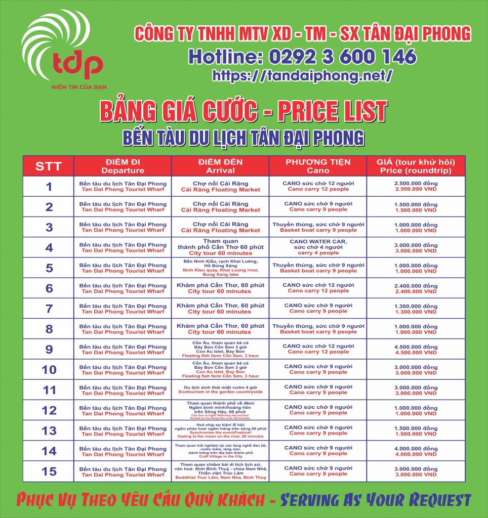  BẢNG GIÁ CƯỚC BẾN TÀU DU LỊCH TÂN ĐẠI PHONG
